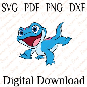 May include: A blue and pink cartoon salamander with a wide smile and outstretched arm. The salamander is standing on a white background. The text "Digital Download" is below the salamander.
