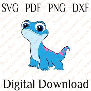 May include: A digital download graphic of a cartoon lizard in blue with pink markings. The image includes the text "SVG PDF PNG DXF" at the top and "Digital Download" at the bottom, indicating file formats for digital use.