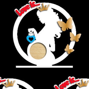 May include: Three white wooden photo frames featuring a pregnant person silhouette wearing a crown, with butterfly embellishments. Each frame has a circular photo space and the words "Love is" in red.