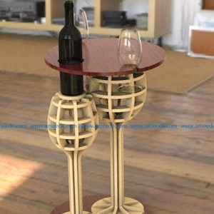 May include: A wooden table with a round top and two wine glass shaped legs. The table has a brown top and the legs are made of natural wood. The table is designed to hold a bottle of wine and two glasses.