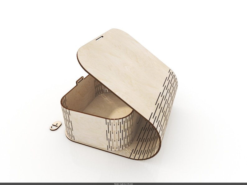 Pu&ograve; includere: Una scatola di legno con un coperchio incernierato, che presenta un motivo decorativo di linee verticali. La scatola &egrave; aperta, rivelando un interno vuoto.