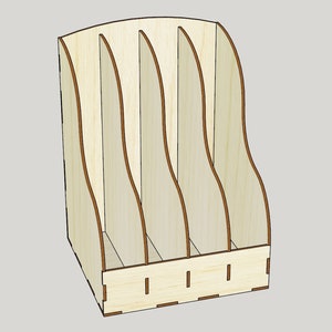 May include: Wooden magazine holder with four compartments. The holder is made of light wood with a natural finish. The compartments are open on the front and back, and the holder has a curved top.