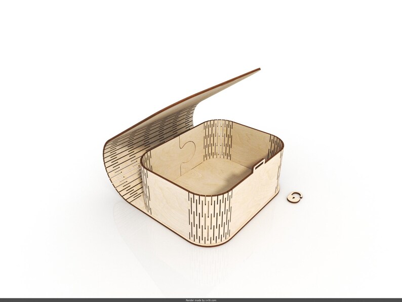 Pu&ograve; includere: Una scatola di legno con un coperchio incernierato, il coperchio &egrave; aperto e la scatola &egrave; vuota. La scatola &egrave; realizzata in compensato e presenta un motivo decorativo di linee verticali.