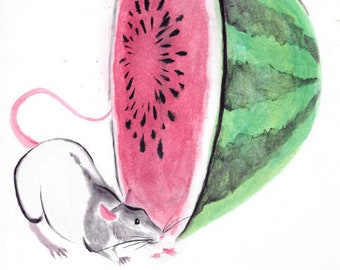 Rodentmelon: Rats with Watermelon Chinese brushpainting limited edition print