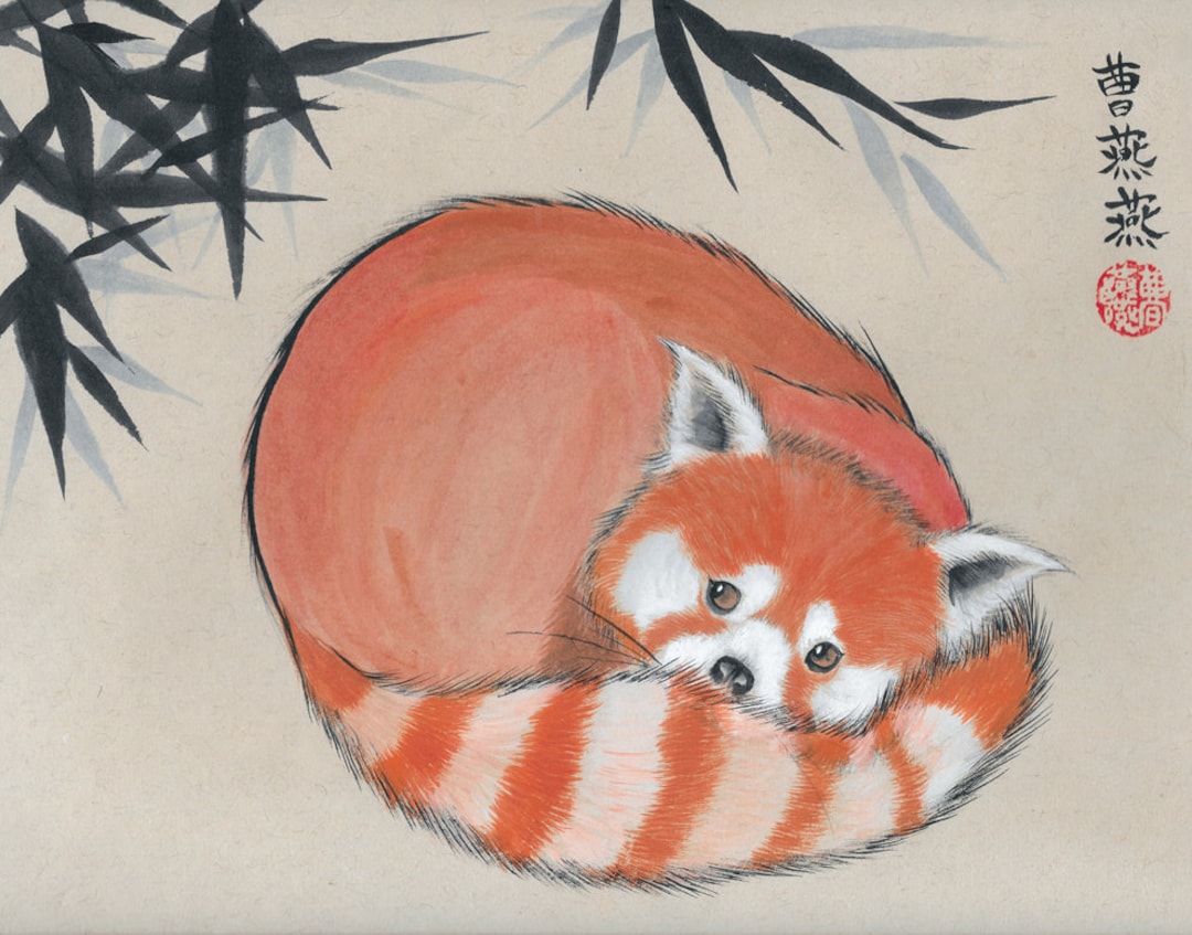 Ruddy Cuddler: Red Panda Firefox Bamboo Chinese Brushpainting - Etsy