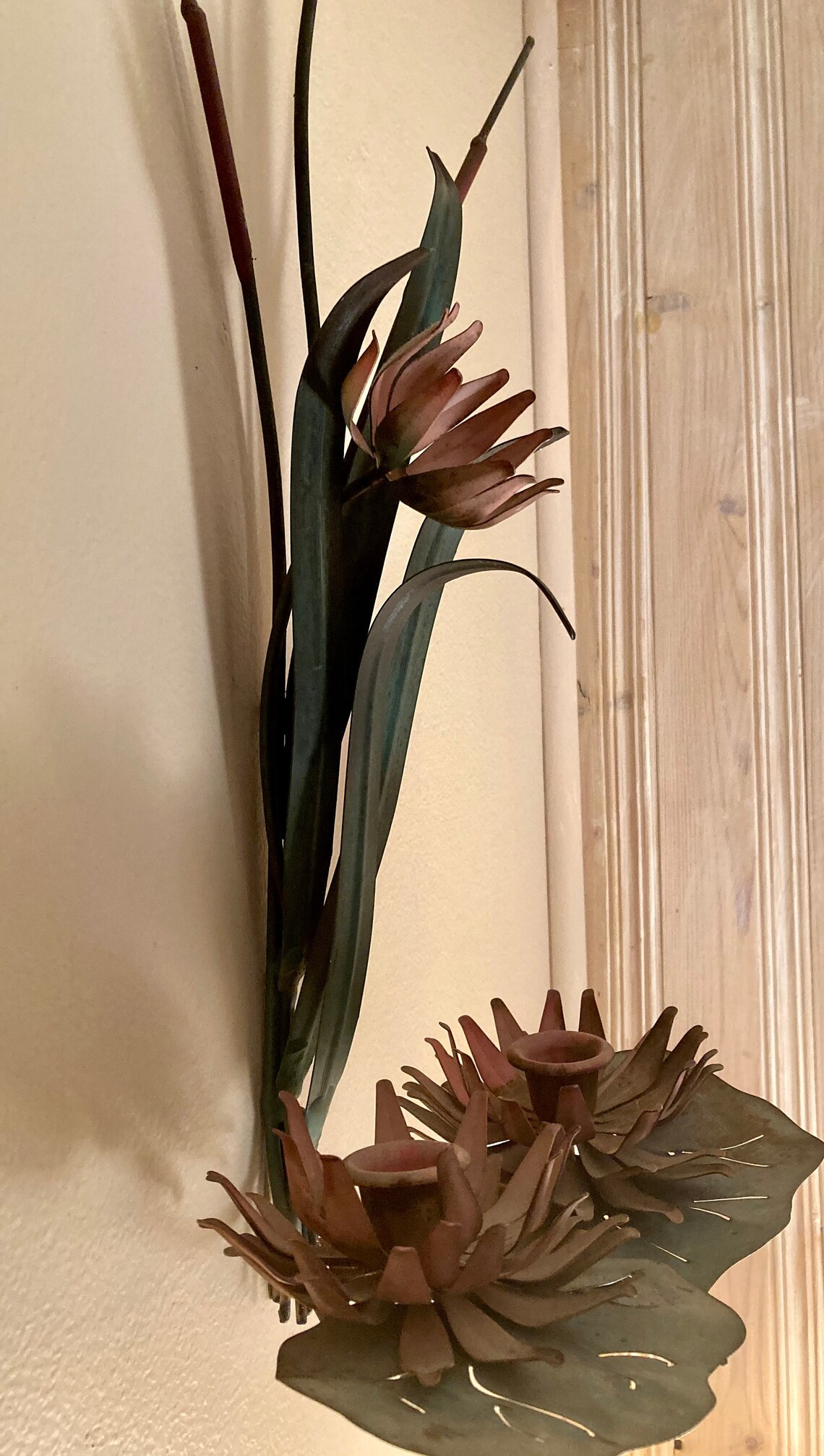 Art nouveau metal wall sconce. 60s toleware water lilies Etsy