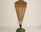 Calla lily wicker vase. Calla lily shaped rattan vase with cast iron base. Boho home decor Cast iron flower Indoor outdoor vase. Basket vase
