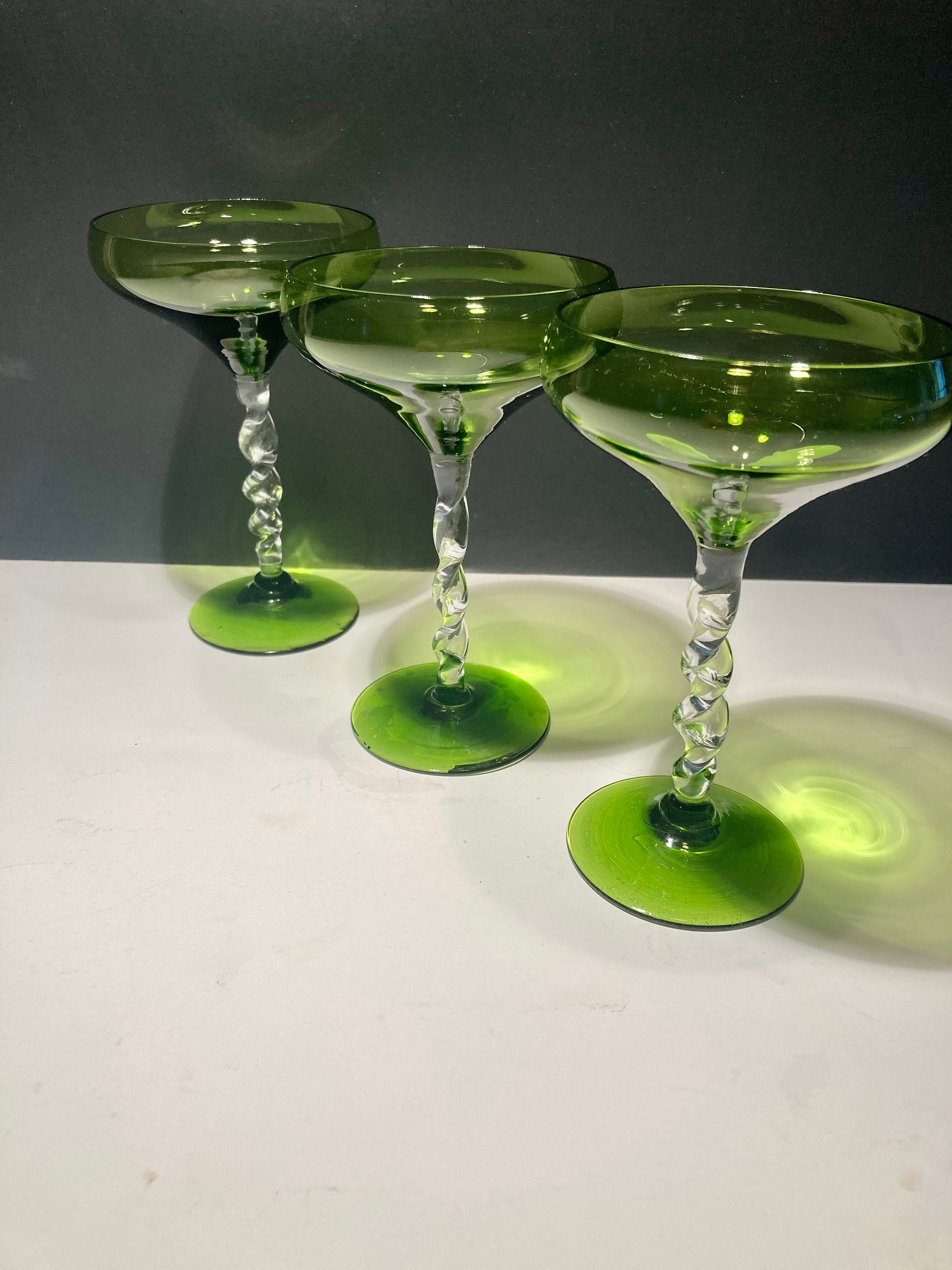 Set of 3 twisted green cordial glasses. Vintage barware. Bar Etsy
