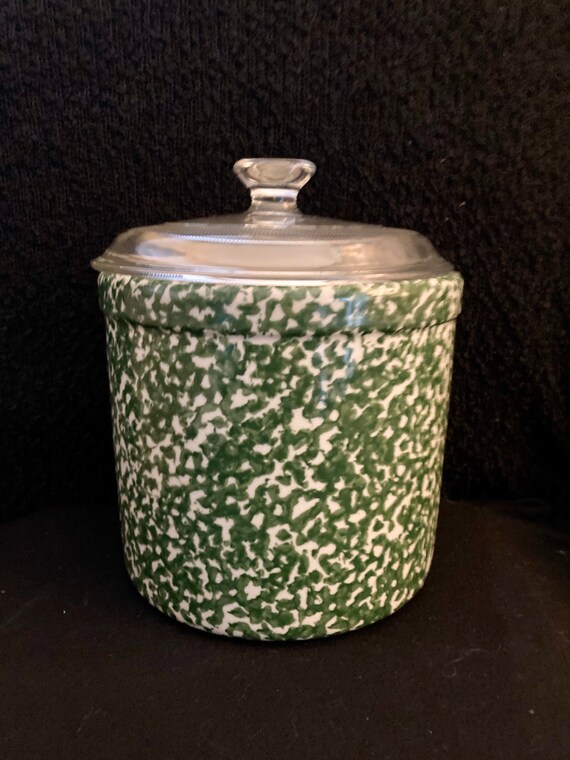 Roseville Ohio green spongeware lidded canister. Green and Etsy