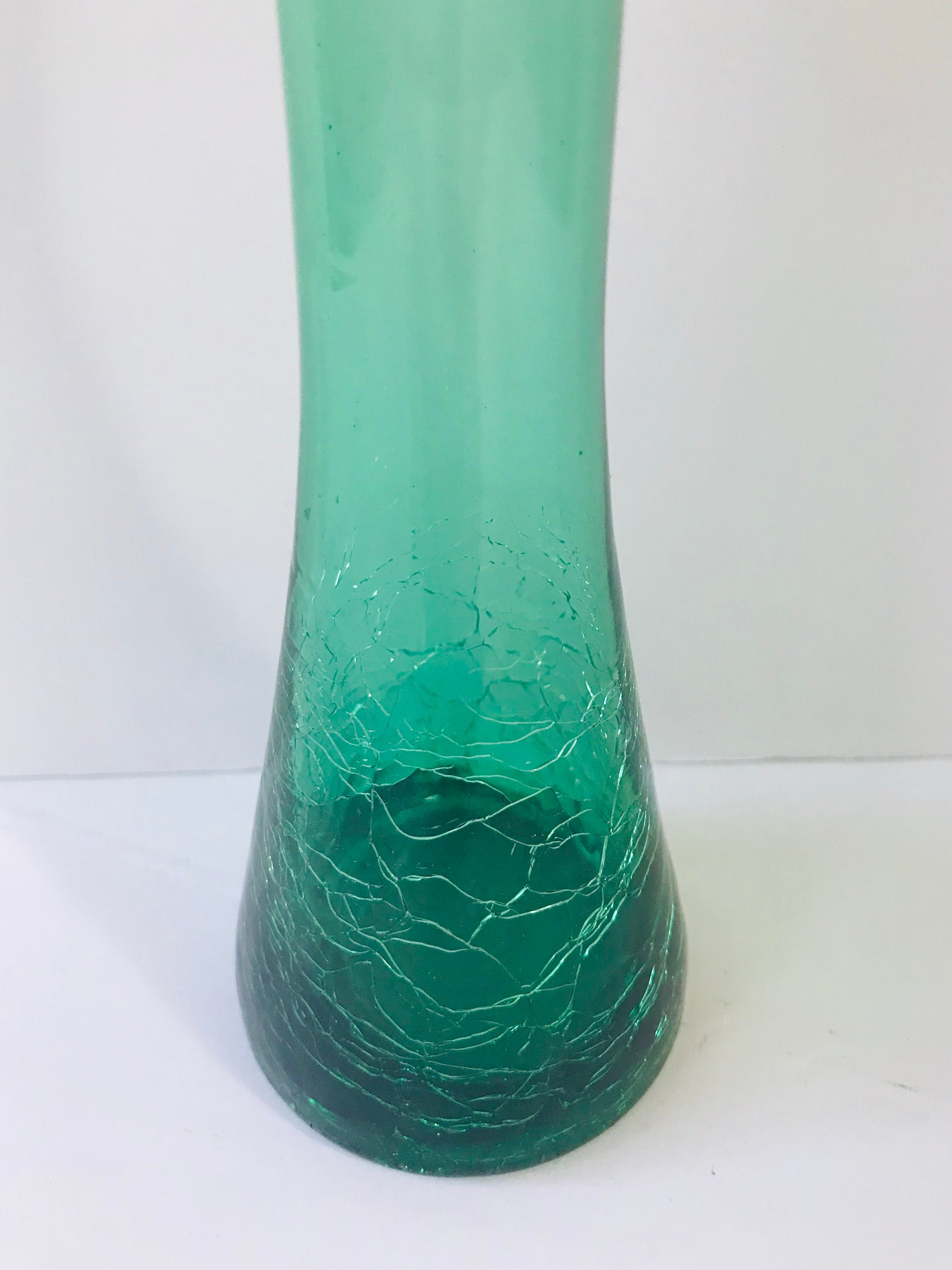 Teal green crackle glass vase. Hand blown art glass vase. Etsy