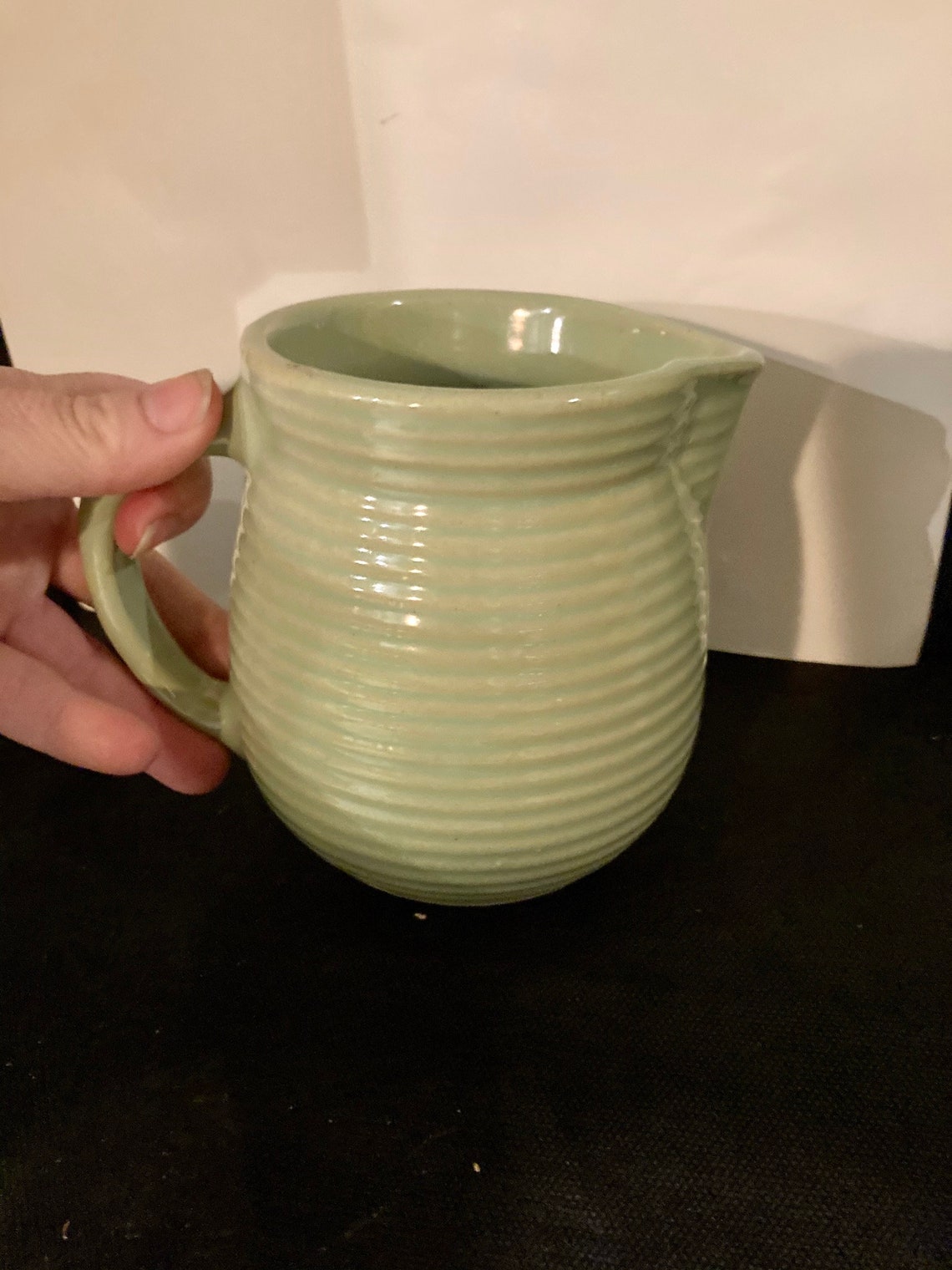 Monmouth stoneware pottery pitcher. Vintage chartreuse ribbed Etsy