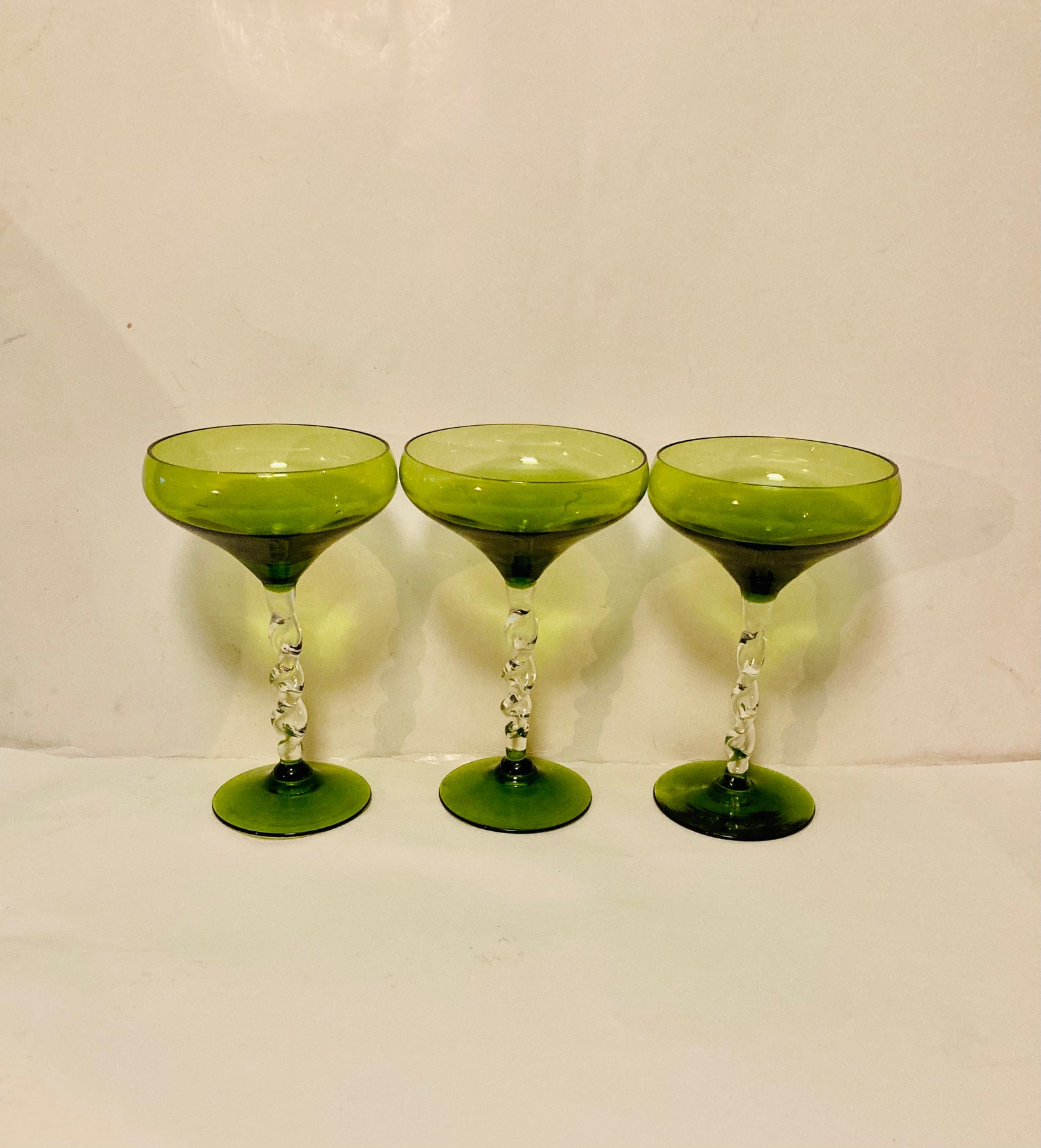 Set of 3 twisted green cordial glasses. Vintage barware. Bar Etsy