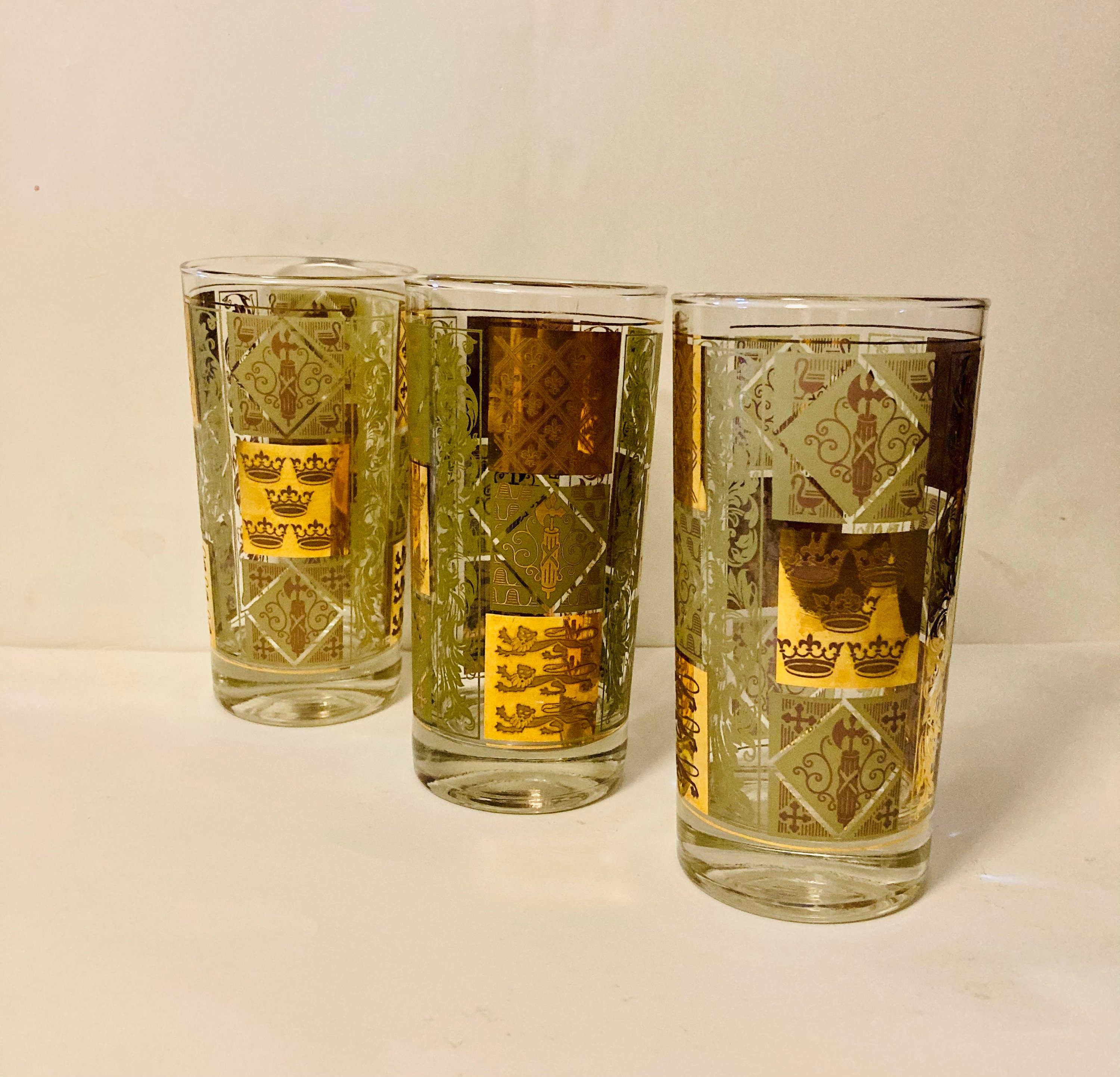 Set of 3 MCM gilt and green highball glasses Bar cart Etsy