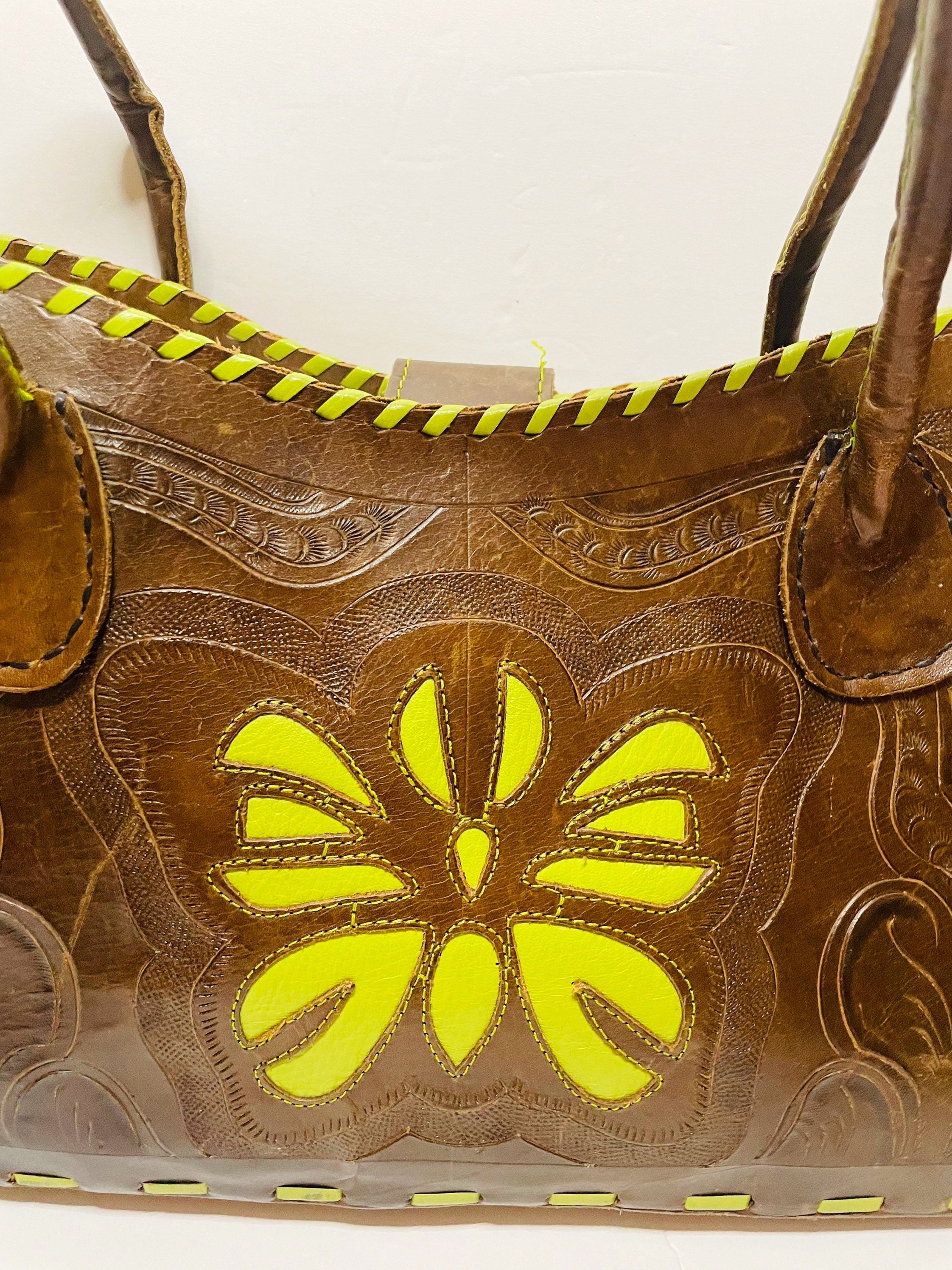 Tooled Leather Paraguay Shoulder Bag. Two Toned Lime Green & Etsy