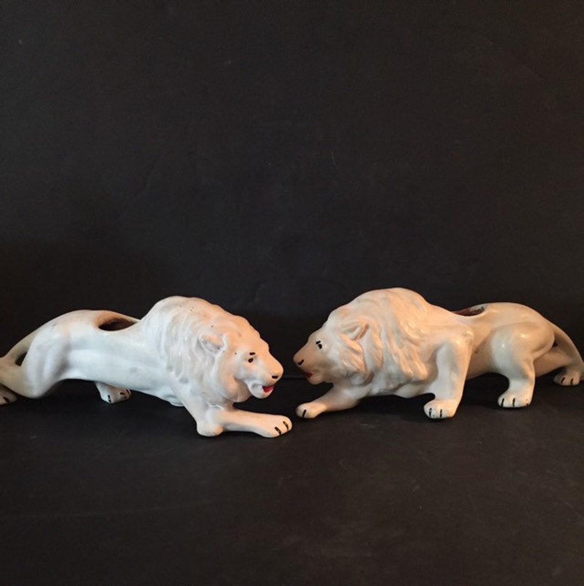 1950s pair of sleek white ceramic lion planters. Mid century Etsy