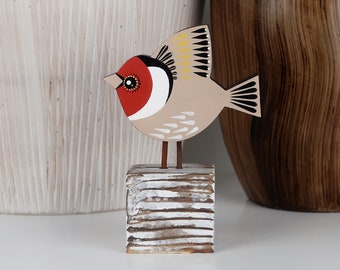 Gold finch - free sanding - bird figurine - shelf decoration - bookshelf decor - wooden bird - bird watching - gift for her - garden birds