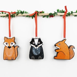 Handmade Wooden Animal Christmas Ornament: Fox, Badger, Squirrel