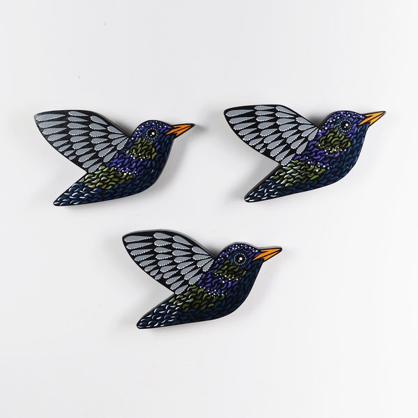 Starling bird wall hanging - set of 3 miniature birds - wooden bird wall art - nature inspired home decor - gift for bird watcher