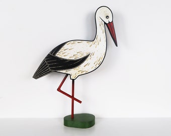 Estatua de cigüeña de madera pintada a mano - Decoración de vida silvestre para el hogar