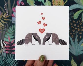 Anteater greeting card for Valentine's Day or Mother's Day, cute animal love card.