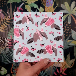 Tarjeta navideña de oso hormiguero, tarjeta de felicitación festiva, tarjeta de animales para hija, deseos navideños, pequeño regalo para la mejor amiga, para los amantes de los osos hormigueros