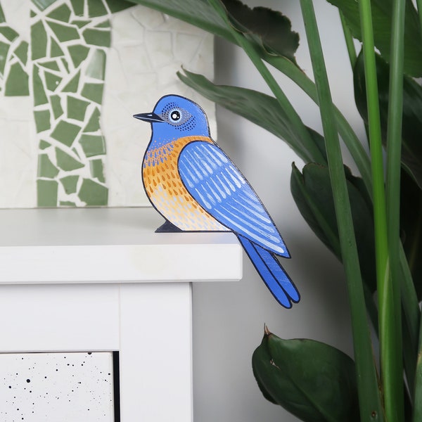 Western bluebird wooden door topper, miniature North American bird ornament, door frame decor, bird watcher gift, quirky shelf decor