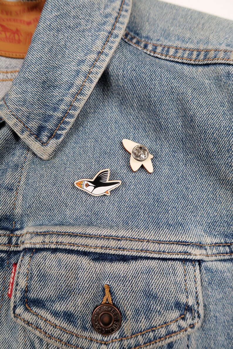 Puffin pin badge wooden bird brooch wooden jewellery miniature gift for her stocking fillers for bird lover Christmas gifts image 3