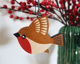Robin Christmas tree decoration, miniature British garden birds art, bird lovers gift, cute stocking filler UK, tiny gift for her