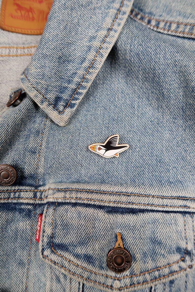 Puffin pin badge wooden bird brooch wooden jewellery miniature gift for her stocking fillers for bird lover Christmas gifts image 4