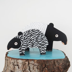 Handmade Wooden Malayan Tapir Figures: Jungle Nursery Decor