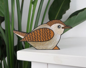 Wren free standing decoration - wooden bird ornament - hand painted - bird watcher gift - wildlife home decor - housewarming gift
