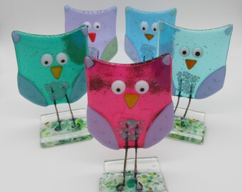 Stained Glass and Metal Novelty Colourful Owl Home Or Garden Bird Ornaments