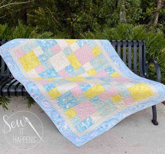 Handmade Quilt Light Blue Yellow Pink Nursery 69 by 47 Etsy