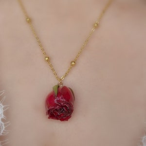 Pressed Flower in Resin Necklace Red Blooming Rose 18k Gold Plated Chain, Dried Flower Jewelry, Real Flower