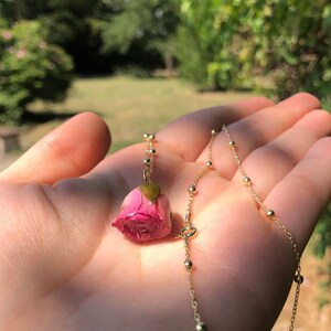 Real Pink Rose Bud Necklace 925 Italian Silver Chain, Dried Flower Jewelry, Forever Flower Pendant