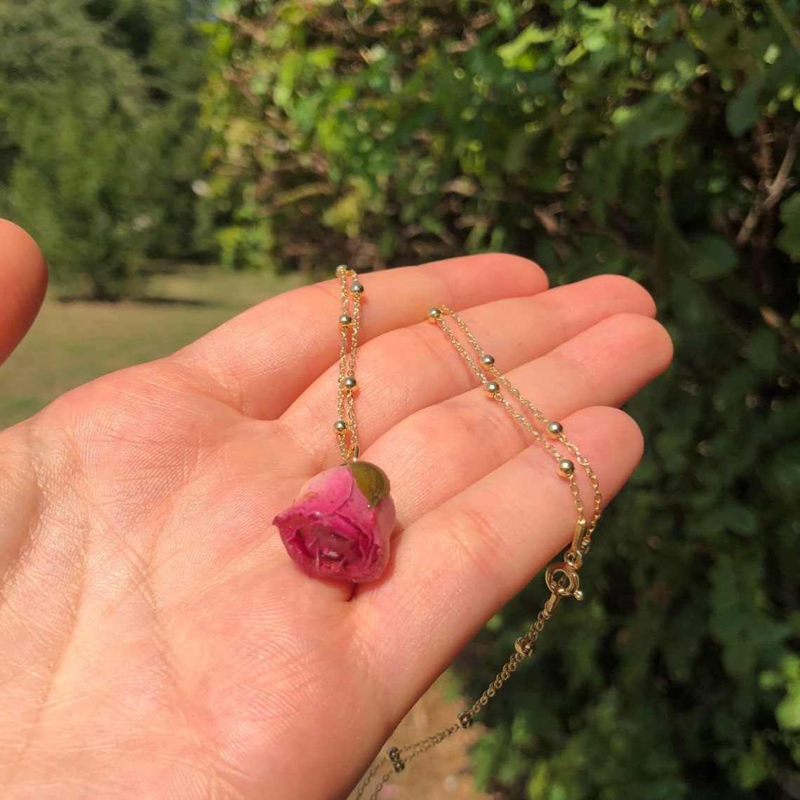 Real Pink Rose Bud Necklace 925 Italian Silver Chain, Dried Flower ...