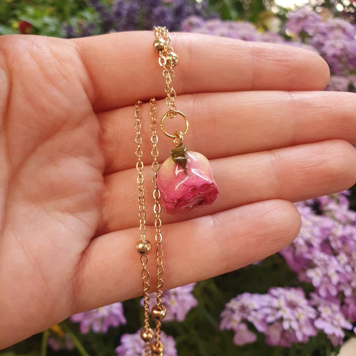 Pressed Flower in Resin Necklace Pink Blooming Rose 18k Gold Etsy
