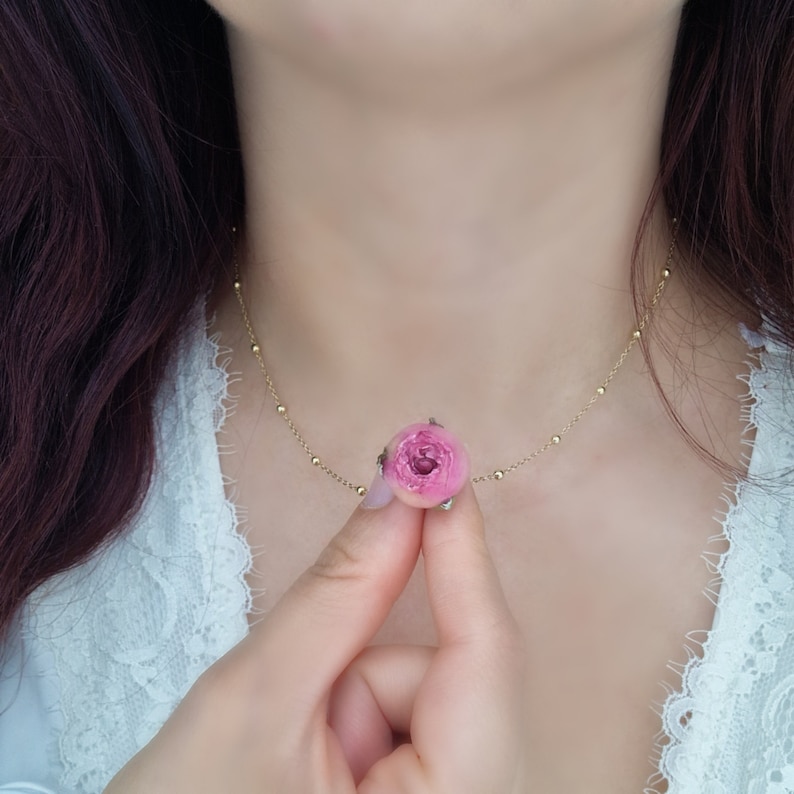 Real Pink Rose Bud Pendant Necklace, 925 Italian Silver Chain, Dried ...