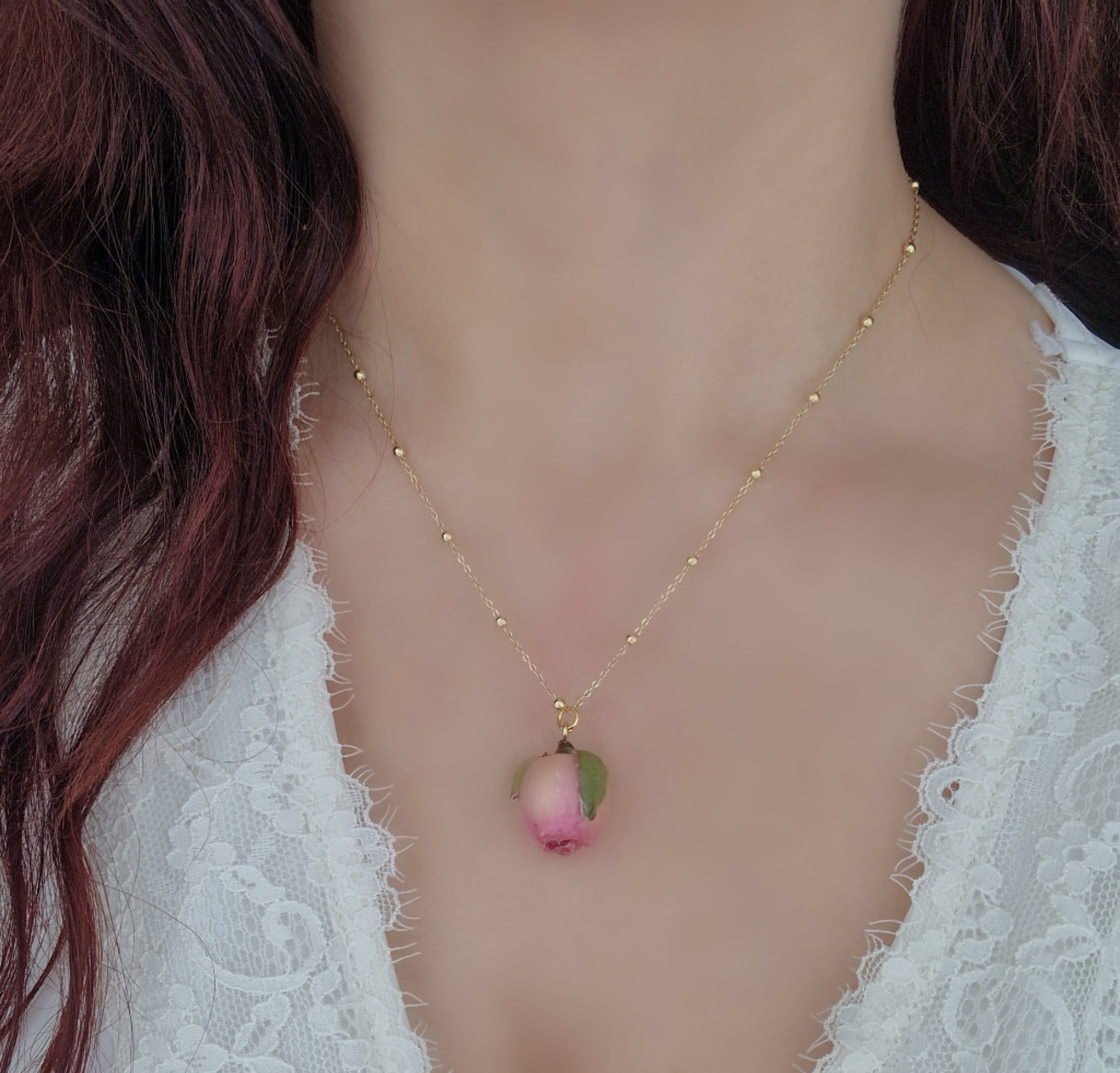 Real Pink Rose Bud Necklace 925 Italian Silver Chain, Dried Flower ...