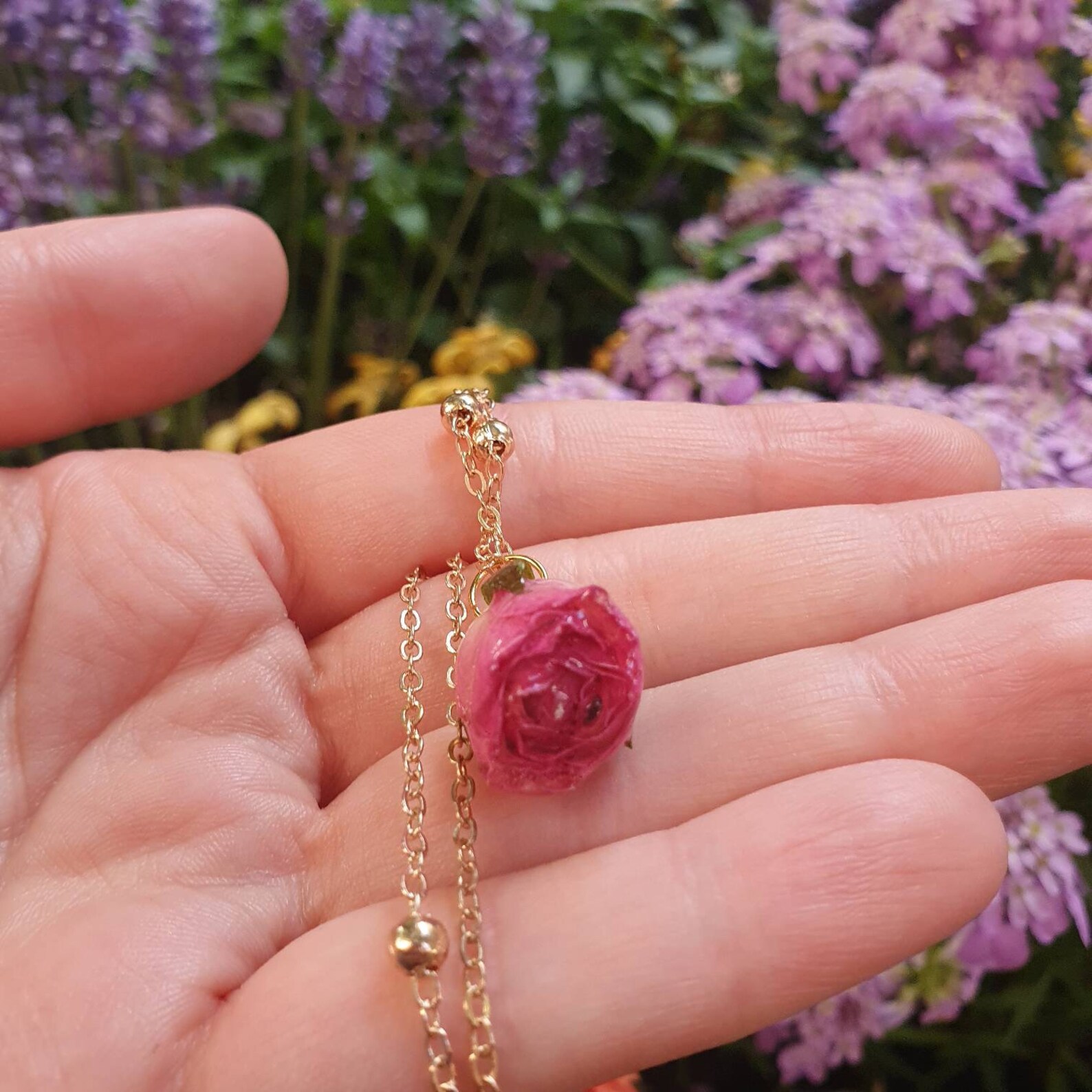 Pressed Flower in Resin Necklace Pink Blooming Rose 18k Gold Etsy