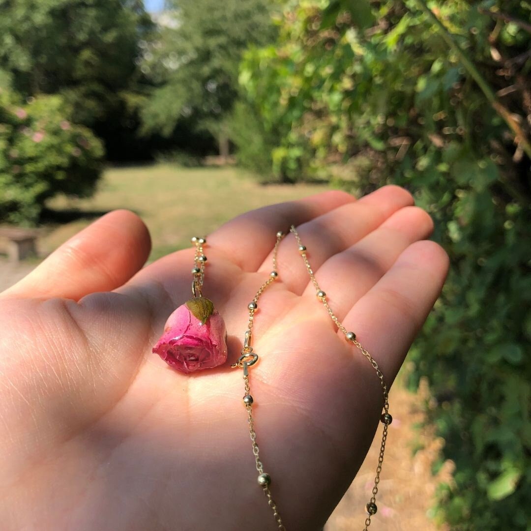 Real Pink Rose Bud Necklace 925 Italian Silver Chain, Dried Flower ...