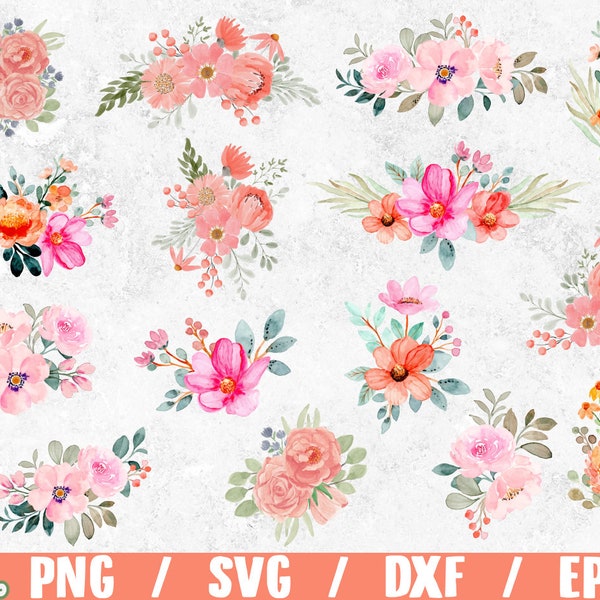 Watercolor floral bouquets png  / wedding flowers frame / greenary arrangement / commercial use / transparent background / instant download