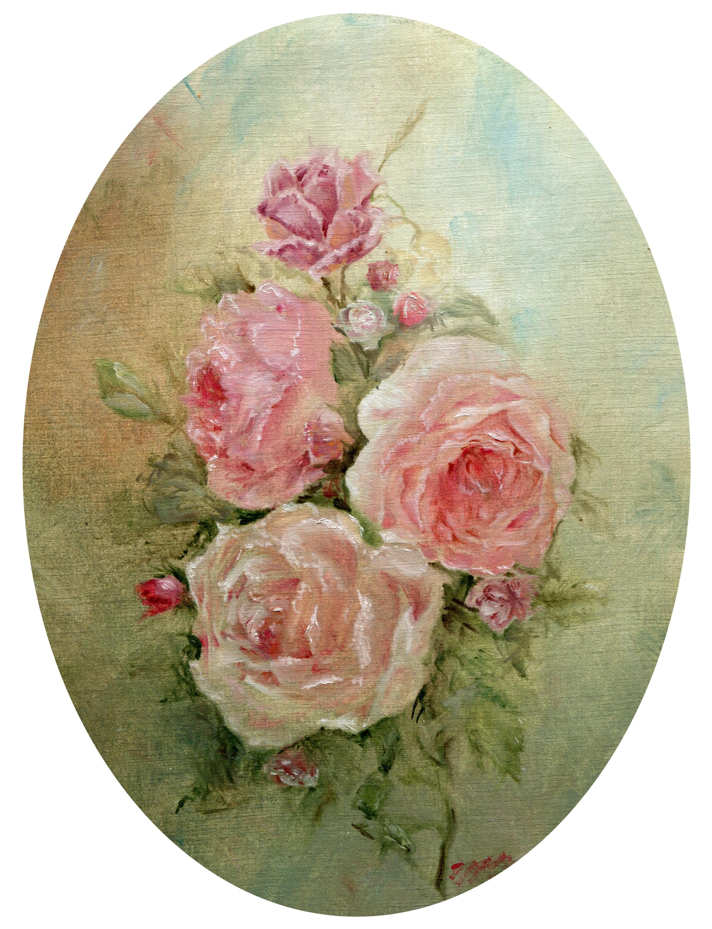Original Vintage Muted Pink and White Rose Flower Oil Painting Print ...