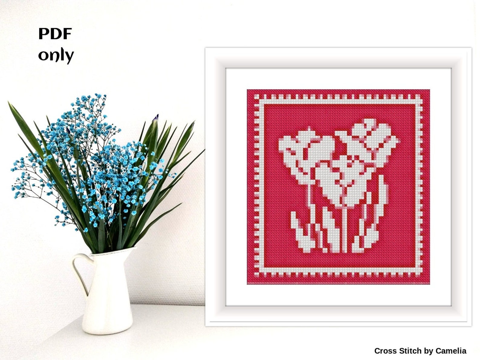 Flowers on red Aida cross stitch pattern PDF chart naive Etsy
