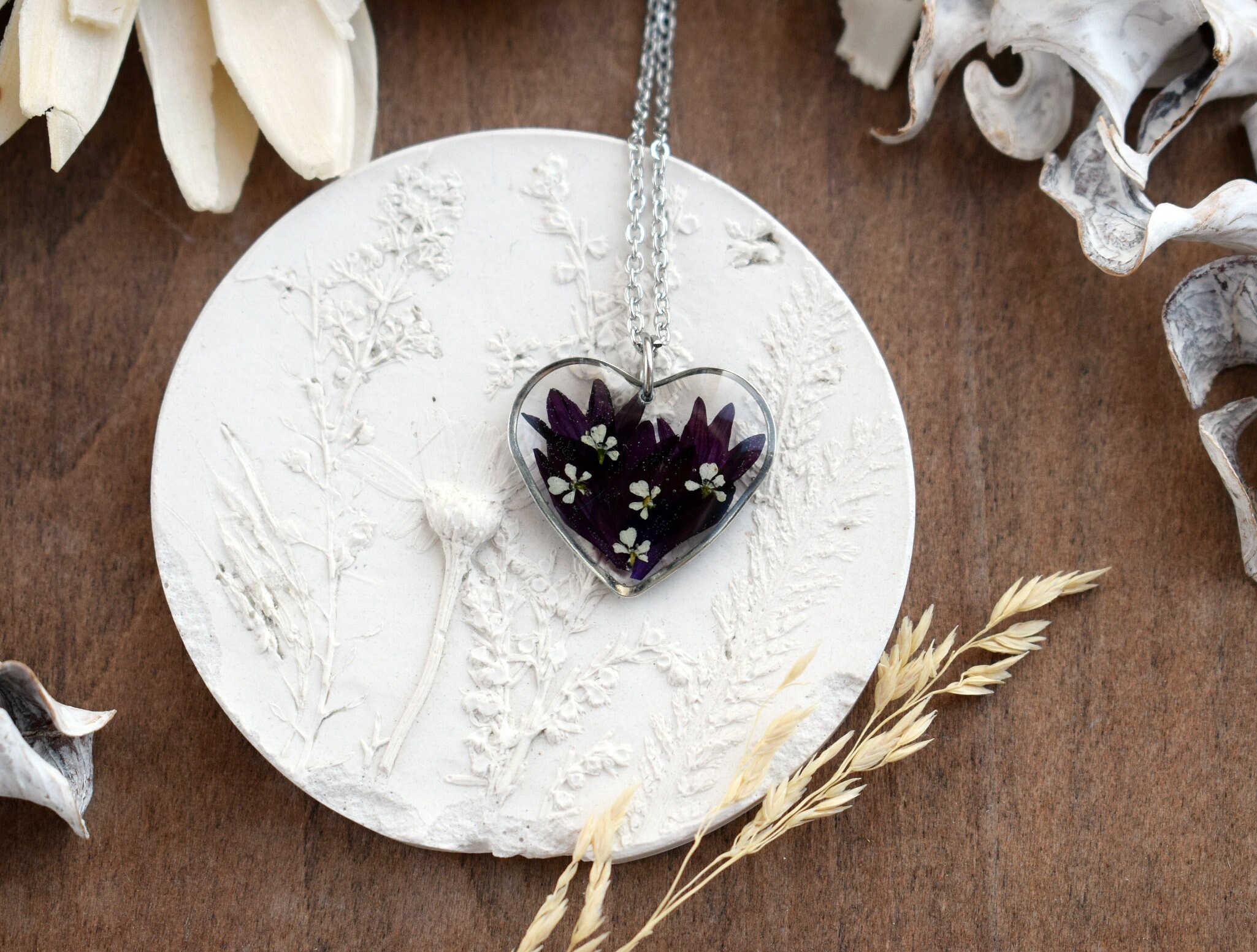 Cornflower blue necklace. Heart pendant with real pressed Etsy