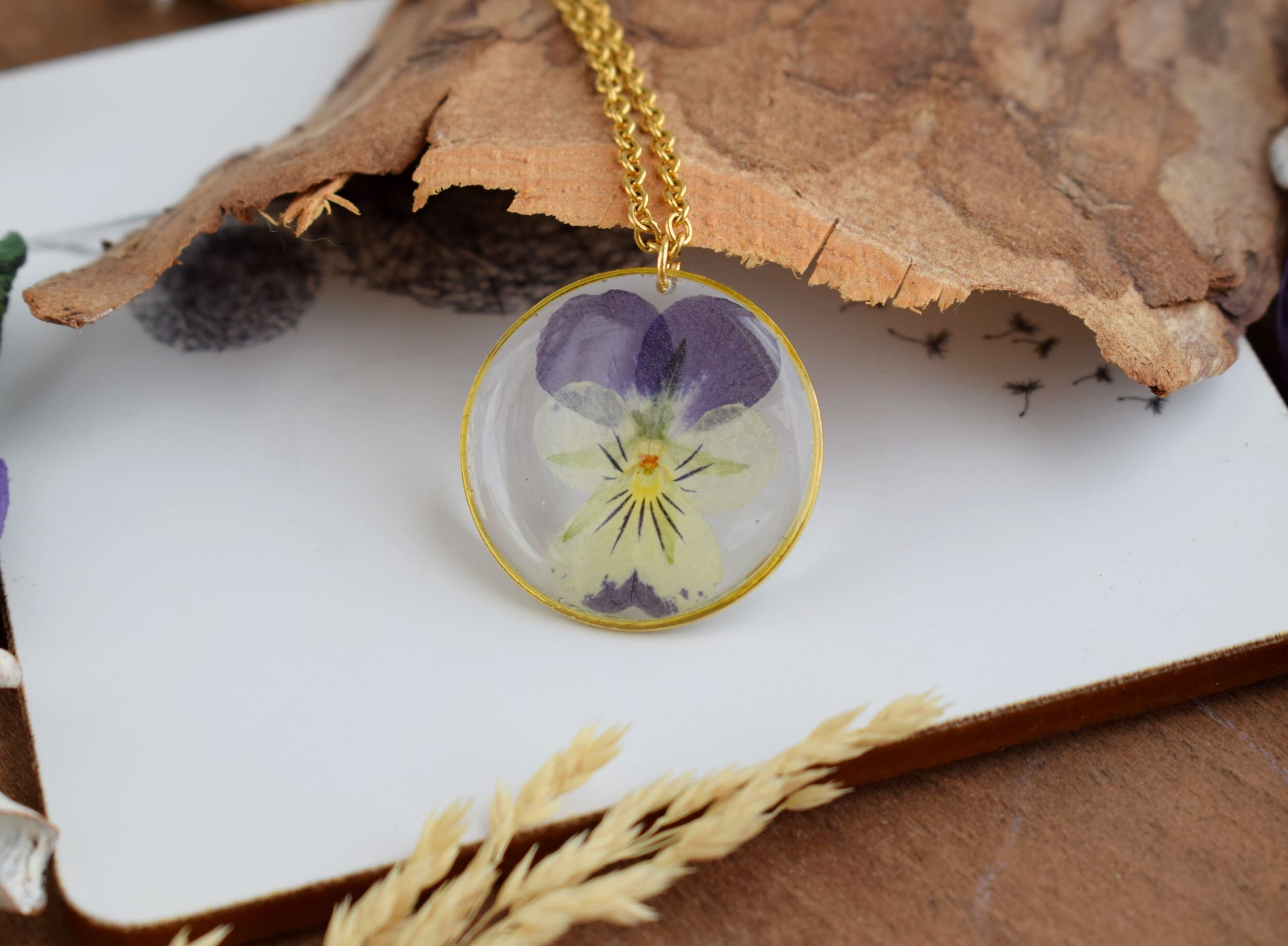 Real pansy necklace. Pendant with real pansy flower. Pendant Etsy