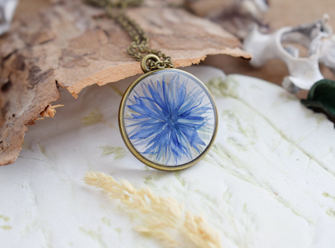 Botanical necklace with blue cornflower. Cornflower jewelry. Etsy