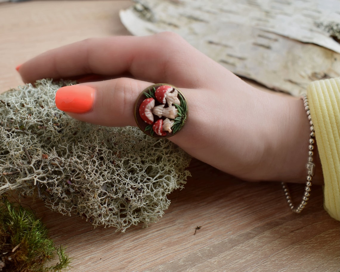 Red Mushroom Adjustable Ring Bold Jewelry for Women and Etsy