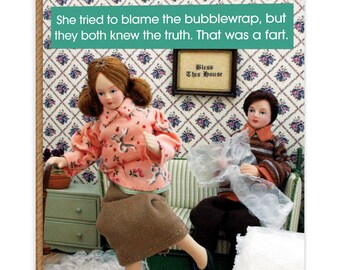 Bubblewrap Fart Birthday Card | funny humour | For him her | friend mate bestie | colleague workmate | vintage dolls