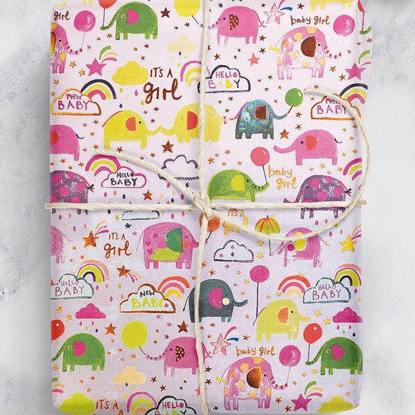 New Baby Gift Wrap | For Baby Girls | Cute Elephant Pink Wrapping Paper For Newborn Gifts | Gifts for Baby Girls